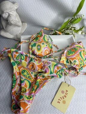 Aurelle Retro Print String Bikini Set NWT